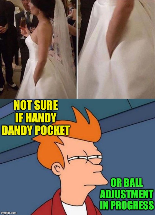 Yes, but actually... | NOT SURE IF HANDY DANDY POCKET; OR BALL ADJUSTMENT IN PROGRESS | image tagged in memes,futurama fry,wedding dress,funny | made w/ Imgflip meme maker