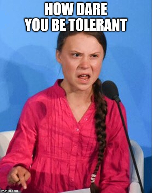 Greta Thunberg how dare you | HOW DARE YOU BE TOLERANT | image tagged in greta thunberg how dare you | made w/ Imgflip meme maker