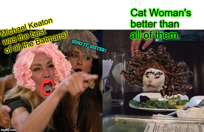 Woman Yelling At Cat | Cat Woman's better than all of them. Michael Keaton was the best of all the Batmans! SING IT, SISTER! | image tagged in memes,woman yelling at cat | made w/ Imgflip meme maker