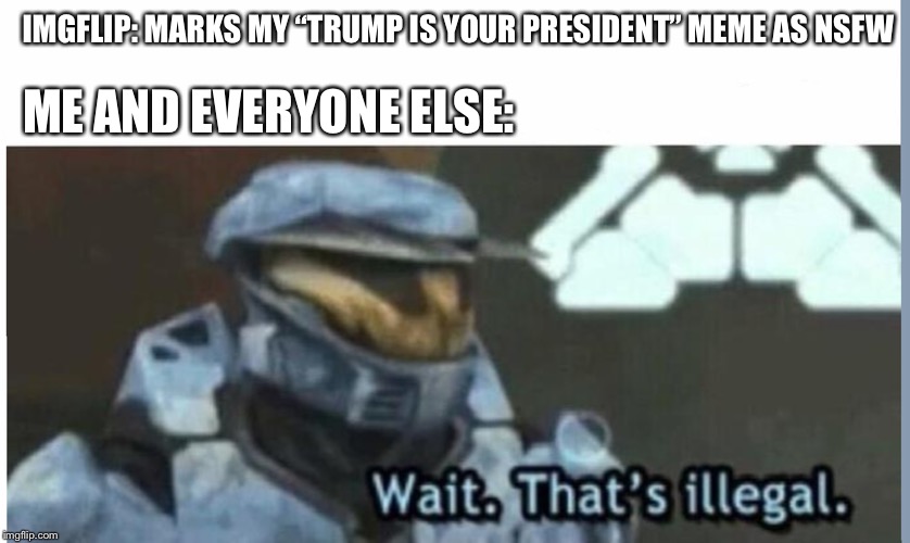 Nothing NSFW about my memes... | IMGFLIP: MARKS MY “TRUMP IS YOUR PRESIDENT” MEME AS NSFW; ME AND EVERYONE ELSE: | image tagged in wait that's illegal,imgflip mods,donald trump | made w/ Imgflip meme maker
