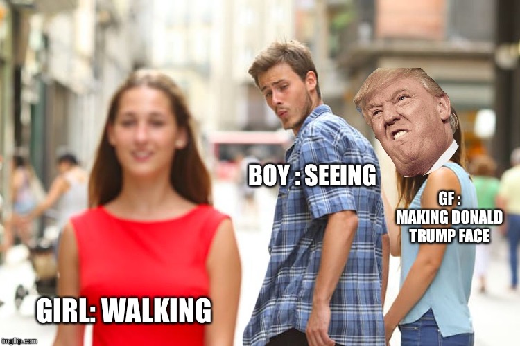 Distracted Boyfriend Meme | BOY : SEEING; GF : MAKING DONALD TRUMP FACE; GIRL: WALKING | image tagged in memes,distracted boyfriend | made w/ Imgflip meme maker