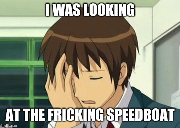 I WAS LOOKING AT THE FRICKING SPEEDBOAT | image tagged in memes,kyon face palm | made w/ Imgflip meme maker