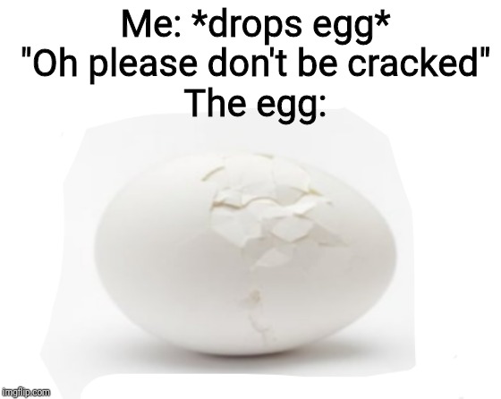 Me: *drops egg*
"Oh please don't be cracked"
The egg: | image tagged in memes | made w/ Imgflip meme maker