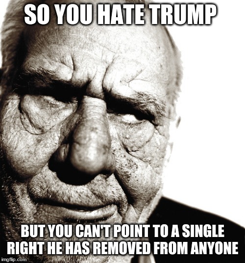 Only the mental hate without reason | SO YOU HATE TRUMP; BUT YOU CAN'T POINT TO A SINGLE RIGHT HE HAS REMOVED FROM ANYONE | image tagged in skeptical old man,so you hate trump,trump 2020,deplorables will rise up,only the mental,all my memes are about you | made w/ Imgflip meme maker