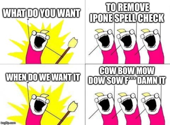 What Do We Want Meme | WHAT DO YOU WANT; TO REMOVE IPONE SPELL CHECK; COW BOW MOW DOW SOW F*** DAMN IT; WHEN DO WE WANT IT | image tagged in memes,what do we want | made w/ Imgflip meme maker