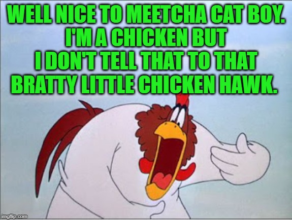 foghorn | WELL NICE TO MEETCHA CAT BOY.
I'M A CHICKEN BUT I DON'T TELL THAT TO THAT BRATTY LITTLE CHICKEN HAWK. | image tagged in foghorn | made w/ Imgflip meme maker