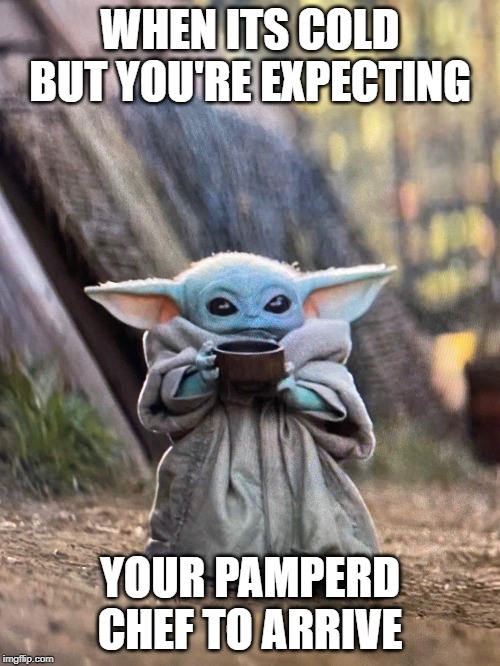 BABY YODA TEA | WHEN ITS COLD BUT YOU'RE EXPECTING; YOUR PAMPERD CHEF TO ARRIVE | image tagged in baby yoda tea | made w/ Imgflip meme maker