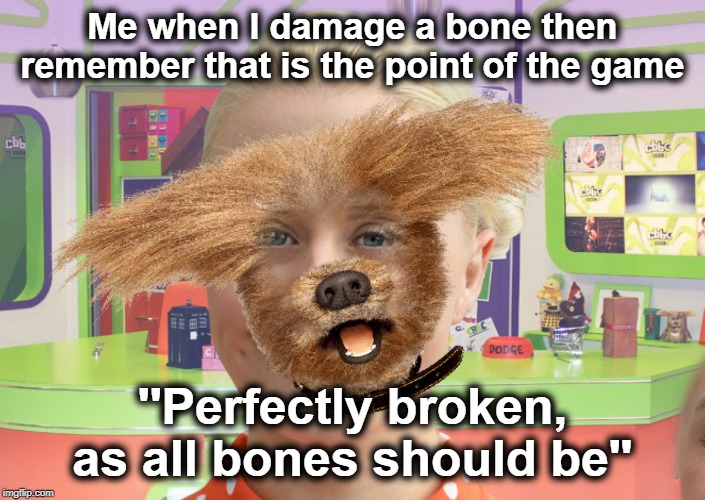 Doggo | Me when I damage a bone then remember that is the point of the game; ''Perfectly broken, as all bones should be'' | image tagged in doggo | made w/ Imgflip meme maker