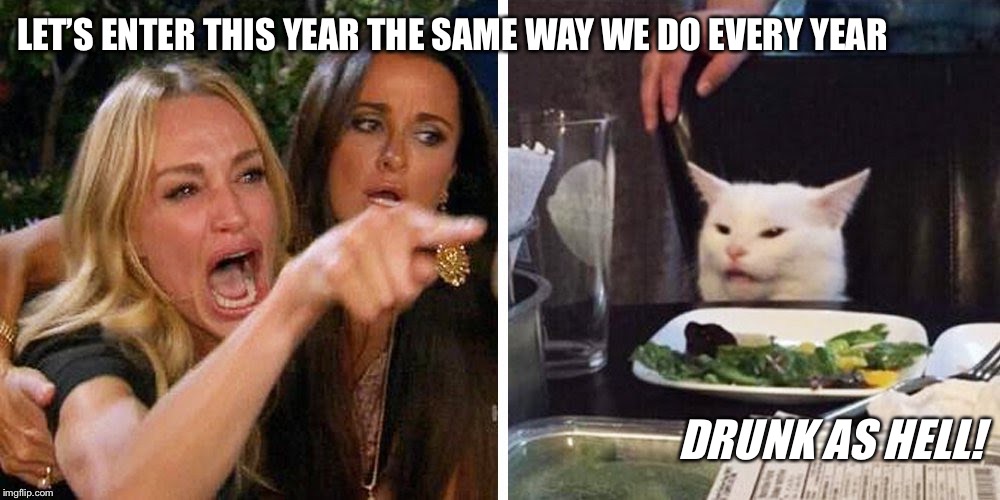 Smudge the cat | LET’S ENTER THIS YEAR THE SAME WAY WE DO EVERY YEAR; DRUNK AS HELL! | image tagged in smudge the cat | made w/ Imgflip meme maker