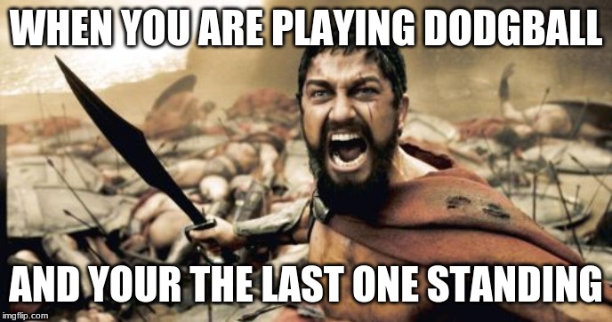 Sparta Leonidas | WHEN YOU ARE PLAYING DODGBALL; AND YOUR THE LAST ONE STANDING | image tagged in memes,sparta leonidas | made w/ Imgflip meme maker