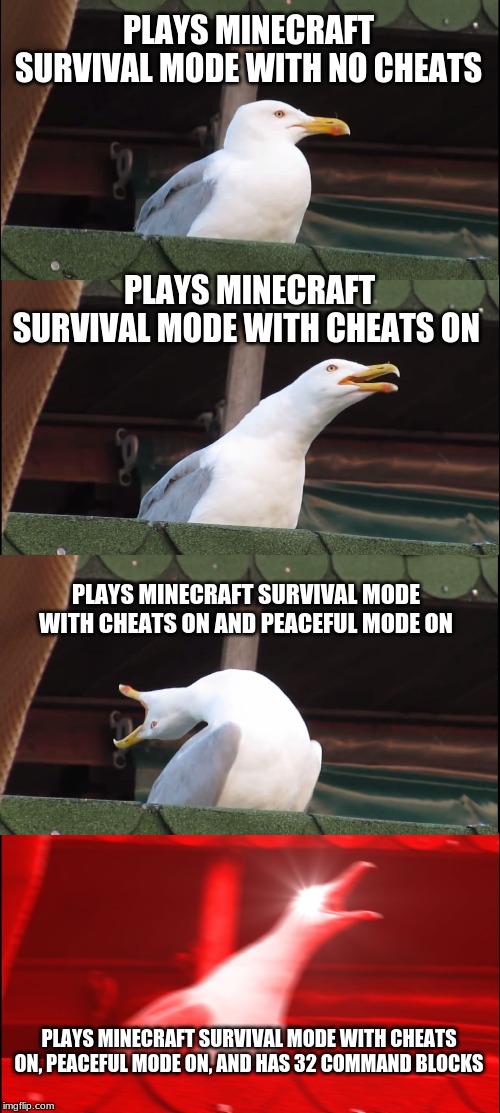 Inhaling Seagull | PLAYS MINECRAFT SURVIVAL MODE WITH NO CHEATS; PLAYS MINECRAFT SURVIVAL MODE WITH CHEATS ON; PLAYS MINECRAFT SURVIVAL MODE WITH CHEATS ON AND PEACEFUL MODE ON; PLAYS MINECRAFT SURVIVAL MODE WITH CHEATS ON, PEACEFUL MODE ON, AND HAS 32 COMMAND BLOCKS | image tagged in memes,inhaling seagull | made w/ Imgflip meme maker