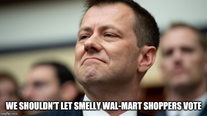Peter Strzok | WE SHOULDN'T LET SMELLY WAL-MART SHOPPERS VOTE | image tagged in peter strzok | made w/ Imgflip meme maker