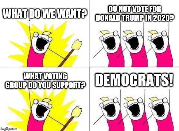 What Do We Want | WHAT DO WE WANT? DO NOT VOTE FOR DONALD TRUMP IN 2020? DEMOCRATS! WHAT VOTING GROUP DO YOU SUPPORT? | image tagged in memes,what do we want | made w/ Imgflip meme maker