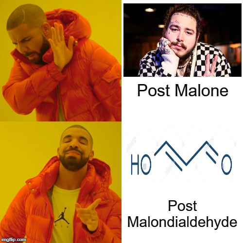 Drake Hotline Bling | Post Malone; Post Malondialdehyde | image tagged in memes,drake hotline bling | made w/ Imgflip meme maker