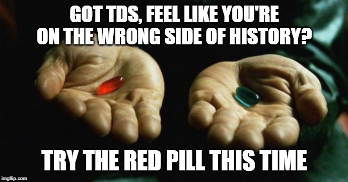Easy cure | GOT TDS, FEEL LIKE YOU'RE ON THE WRONG SIDE OF HISTORY? TRY THE RED PILL THIS TIME | image tagged in matrix,trump derangement syndrome | made w/ Imgflip meme maker