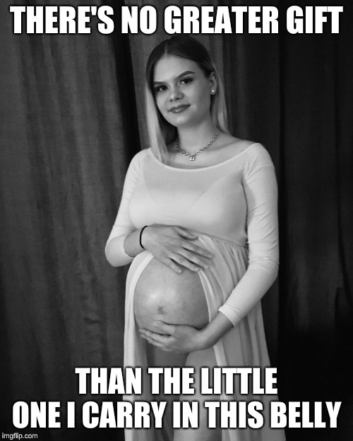 The Greatest Gift | THERE'S NO GREATER GIFT; THAN THE LITTLE ONE I CARRY IN THIS BELLY | image tagged in pregnant,gift,little one,baby | made w/ Imgflip meme maker