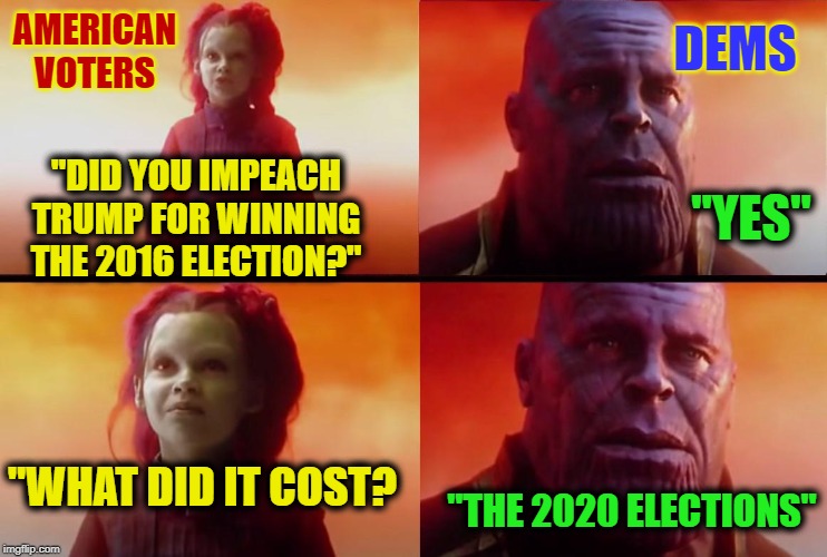 It Cost EVERYTHING! | AMERICAN VOTERS; DEMS; "YES"; "DID YOU IMPEACH TRUMP FOR WINNING THE 2016 ELECTION?"; "WHAT DID IT COST? "THE 2020 ELECTIONS" | image tagged in thanos what did it cost,funny,funny memes,memes,mxm | made w/ Imgflip meme maker