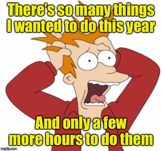 Fry Freaking Out | There’s so many things I wanted to do this year; And only a few more hours to do them | image tagged in fry freaking out,new year,happy new year | made w/ Imgflip meme maker