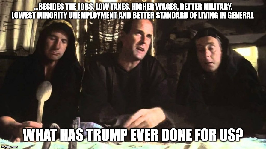 what has Trump done | ...BESIDES THE JOBS, LOW TAXES, HIGHER WAGES, BETTER MILITARY, LOWEST MINORITY UNEMPLOYMENT AND BETTER STANDARD OF LIVING IN GENERAL; WHAT HAS TRUMP EVER DONE FOR US? | image tagged in trump,america,just walk away | made w/ Imgflip meme maker