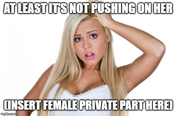 Dumb Blonde | AT LEAST IT'S NOT PUSHING ON HER (INSERT FEMALE PRIVATE PART HERE) | image tagged in dumb blonde | made w/ Imgflip meme maker