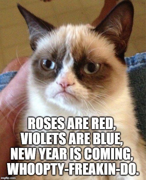 Grumpiness is 2020 | ROSES ARE RED, 
VIOLETS ARE BLUE, 
NEW YEAR IS COMING, 
WHOOPTY-FREAKIN-DO. | image tagged in grump cat,happy new year,new years,new year resolutions | made w/ Imgflip meme maker