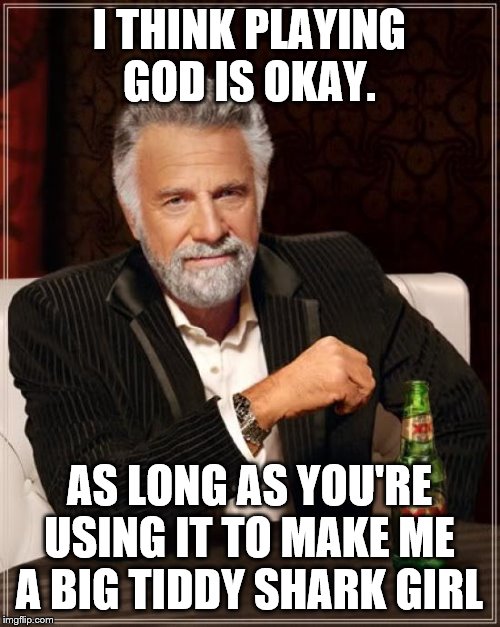 The Most Interesting Man In The World Meme | I THINK PLAYING GOD IS OKAY. AS LONG AS YOU'RE USING IT TO MAKE ME A BIG TIDDY SHARK GIRL | image tagged in memes,the most interesting man in the world | made w/ Imgflip meme maker