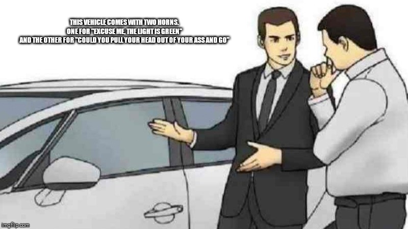 Car Salesman Slaps Roof Of Car Meme | THIS VEHICLE COMES WITH TWO HORNS.
ONE FOR "EXCUSE ME, THE LIGHT IS GREEN"
AND THE OTHER FOR "COULD YOU PULL YOUR HEAD OUT OF YOUR ASS AND GO" | image tagged in memes,car salesman slaps roof of car | made w/ Imgflip meme maker