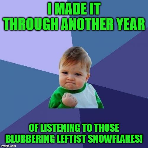 Success Kid | I MADE IT THROUGH ANOTHER YEAR; OF LISTENING TO THOSE BLUBBERING LEFTIST SNOWFLAKES! | image tagged in memes,success kid,political | made w/ Imgflip meme maker