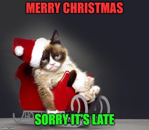 Grumpy Cat Christmas HD | MERRY CHRISTMAS SORRY IT'S LATE | image tagged in grumpy cat christmas hd | made w/ Imgflip meme maker