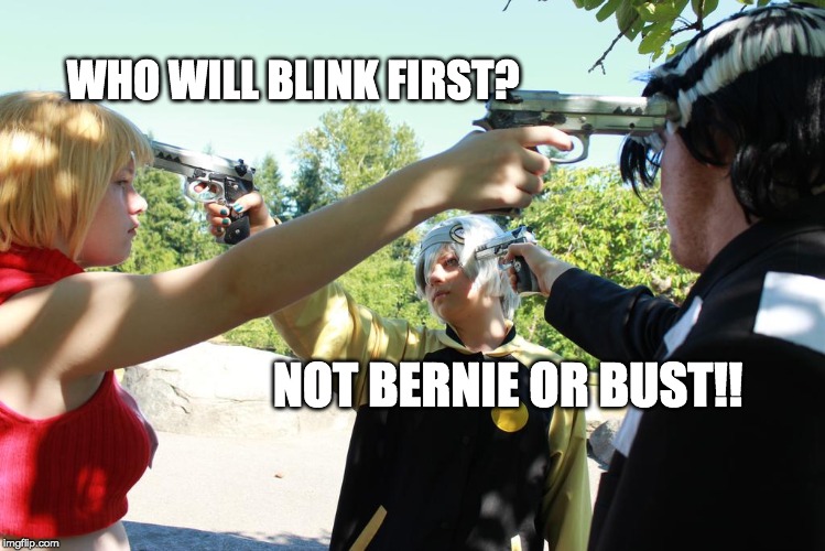 WHO WILL BLINK FIRST? NOT BERNIE OR BUST!! | image tagged in bernie sanders | made w/ Imgflip meme maker