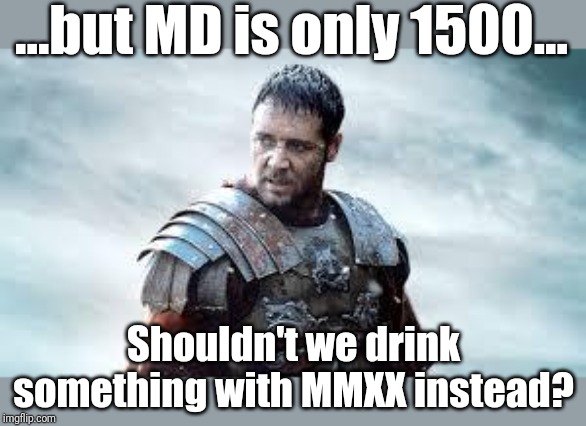 Gladiator | ...but MD is only 1500... Shouldn't we drink something with MMXX instead? | image tagged in gladiator | made w/ Imgflip meme maker