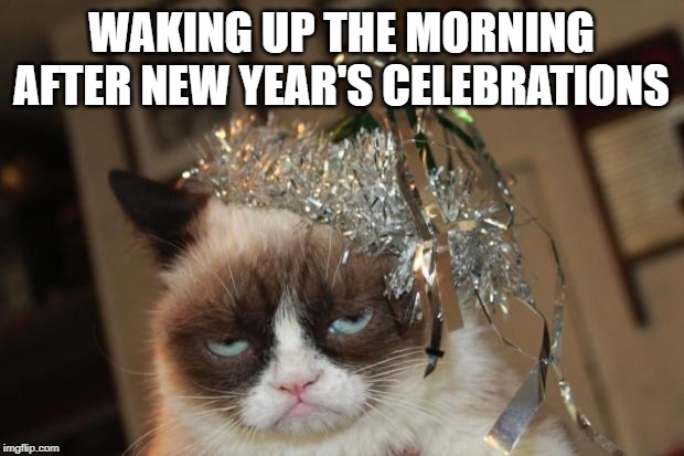 Grumpy Cat New Years | WAKING UP THE MORNING AFTER NEW YEAR'S CELEBRATIONS | image tagged in grumpy cat new years | made w/ Imgflip meme maker