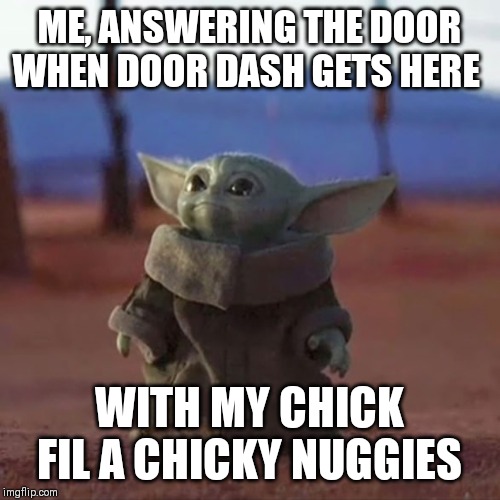 Baby Yoda | ME, ANSWERING THE DOOR WHEN DOOR DASH GETS HERE; WITH MY CHICK FIL A CHICKY NUGGIES | image tagged in baby yoda | made w/ Imgflip meme maker