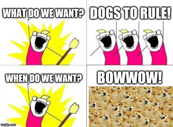 What Do We Want | WHAT DO WE WANT? DOGS TO RULE! BOWWOW! WHEN DO WE WANT? | image tagged in memes,what do we want | made w/ Imgflip meme maker