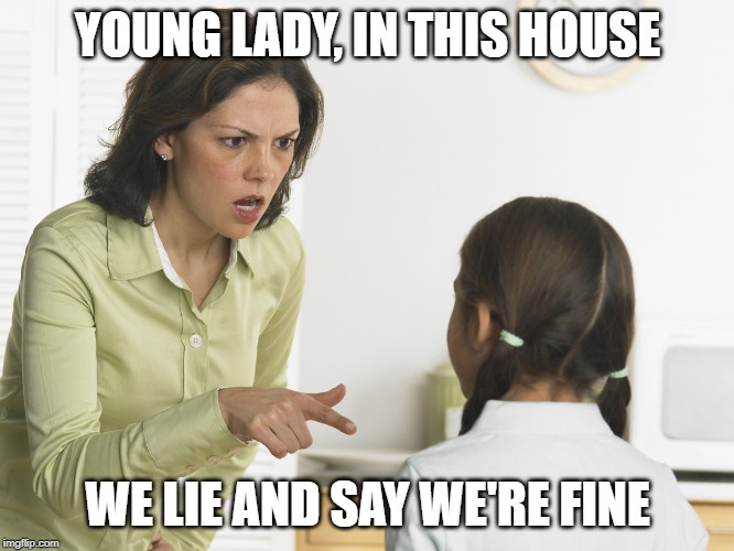 Scolding Mom | YOUNG LADY, IN THIS HOUSE; WE LIE AND SAY WE'RE FINE | image tagged in scolding mom | made w/ Imgflip meme maker