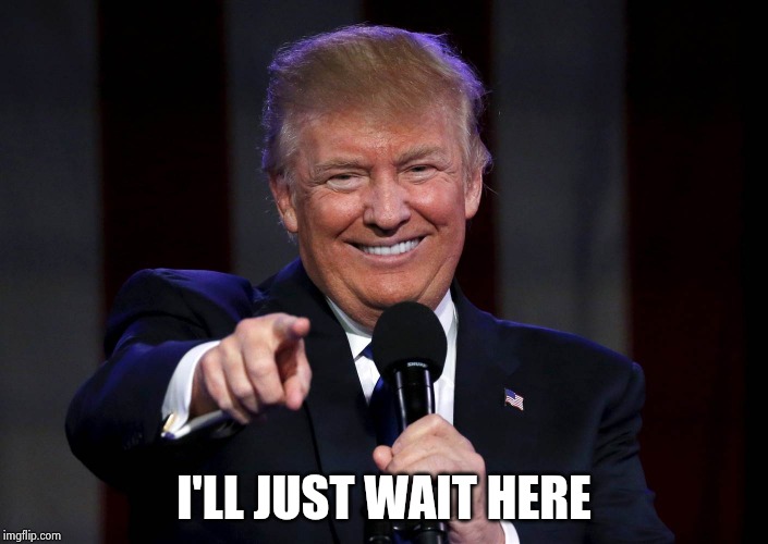 Trump laughing at haters | I'LL JUST WAIT HERE | image tagged in trump laughing at haters | made w/ Imgflip meme maker
