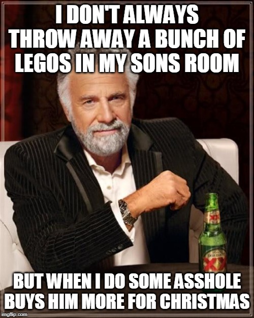 The Most Interesting Man In The World | I DON'T ALWAYS THROW AWAY A BUNCH OF LEGOS IN MY SONS ROOM; BUT WHEN I DO SOME ASSHOLE BUYS HIM MORE FOR CHRISTMAS | image tagged in memes,the most interesting man in the world | made w/ Imgflip meme maker