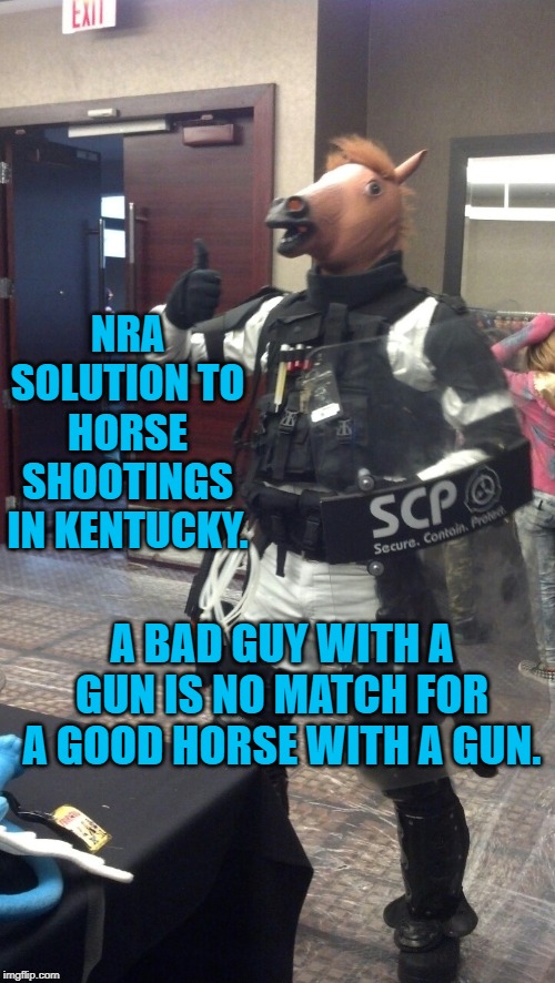 A Good Horse With A Gun | NRA SOLUTION TO HORSE SHOOTINGS IN KENTUCKY. A BAD GUY WITH A GUN IS NO MATCH FOR A GOOD HORSE WITH A GUN. | image tagged in politics | made w/ Imgflip meme maker