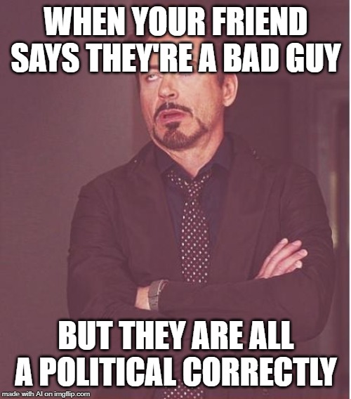 Face You Make Robert Downey Jr Meme | WHEN YOUR FRIEND SAYS THEY'RE A BAD GUY; BUT THEY ARE ALL A POLITICAL CORRECTLY | image tagged in memes,face you make robert downey jr | made w/ Imgflip meme maker