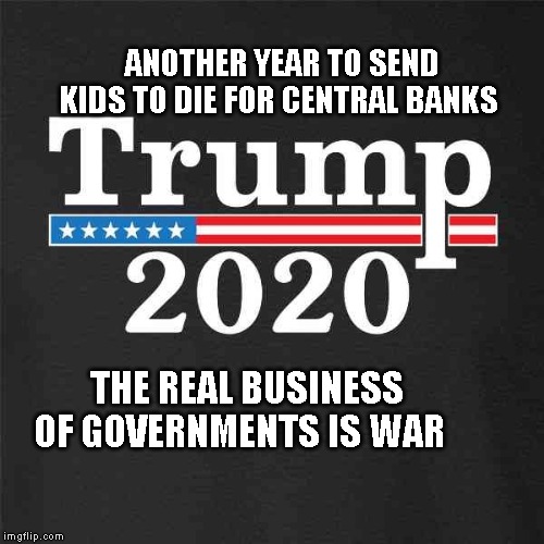 Trump 2020 | ANOTHER YEAR TO SEND KIDS TO DIE FOR CENTRAL BANKS; THE REAL BUSINESS OF GOVERNMENTS IS WAR | image tagged in trump 2020 | made w/ Imgflip meme maker