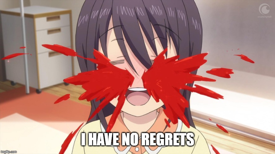 Anime Nosebleed | I HAVE NO REGRETS | image tagged in anime nosebleed | made w/ Imgflip meme maker