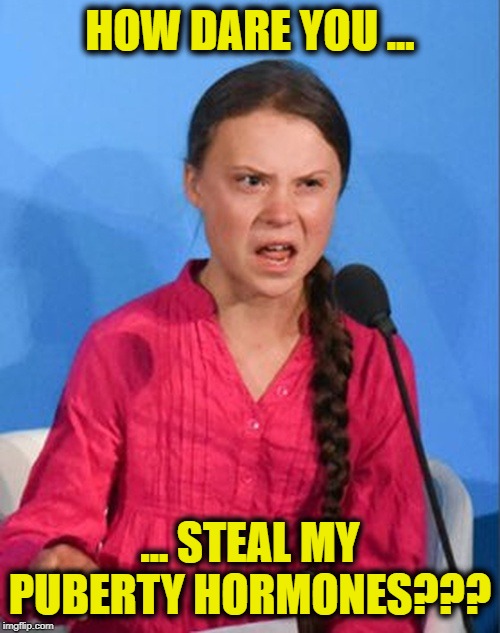 Greta Thunberg: 16 y.o. going on 12 y.o. | HOW DARE YOU ... ... STEAL MY PUBERTY HORMONES??? | image tagged in greta thunberg how dare you,funny,funny memes,memes,mxm | made w/ Imgflip meme maker