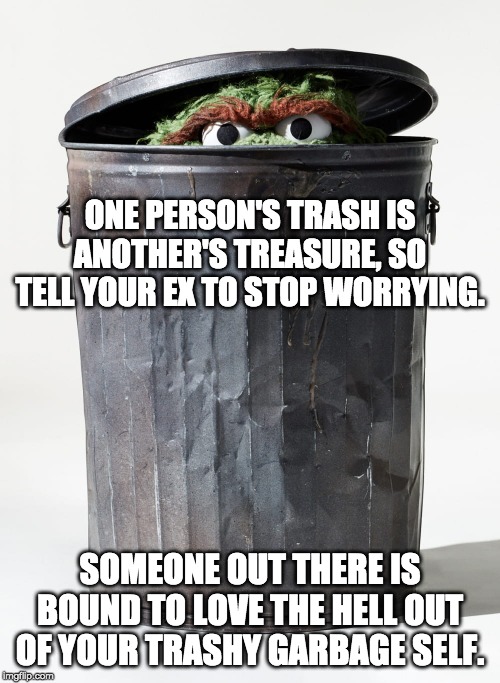 Much Trash, So Garbage | ONE PERSON'S TRASH IS ANOTHER'S TREASURE, SO TELL YOUR EX TO STOP WORRYING. SOMEONE OUT THERE IS BOUND TO LOVE THE HELL OUT OF YOUR TRASHY GARBAGE SELF. | image tagged in oscar the grouch in his garbage can,ex girlfriend,ex boyfriend,oscar the grouch | made w/ Imgflip meme maker