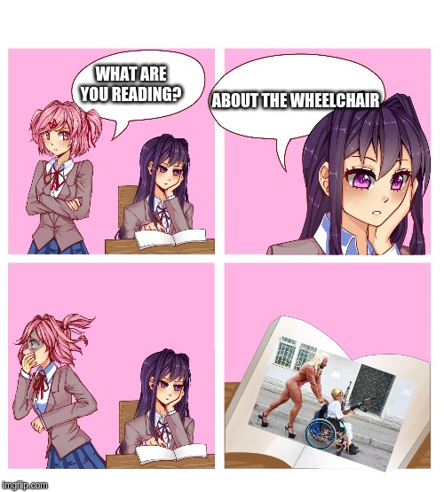 Doki Doki Reading Club | WHAT ARE YOU READING? ABOUT THE WHEELCHAIR | image tagged in doki doki reading club | made w/ Imgflip meme maker