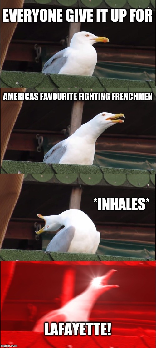 Inhaling Seagull | EVERYONE GIVE IT UP FOR; AMERICAS FAVOURITE FIGHTING FRENCHMEN; *INHALES*; LAFAYETTE! | image tagged in memes,inhaling seagull | made w/ Imgflip meme maker
