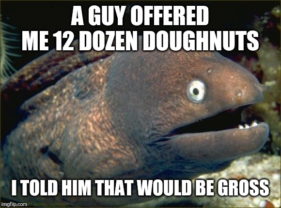 Bad Joke Eel Meme | A GUY OFFERED ME 12 DOZEN DOUGHNUTS; I TOLD HIM THAT WOULD BE GROSS | image tagged in memes,bad joke eel | made w/ Imgflip meme maker