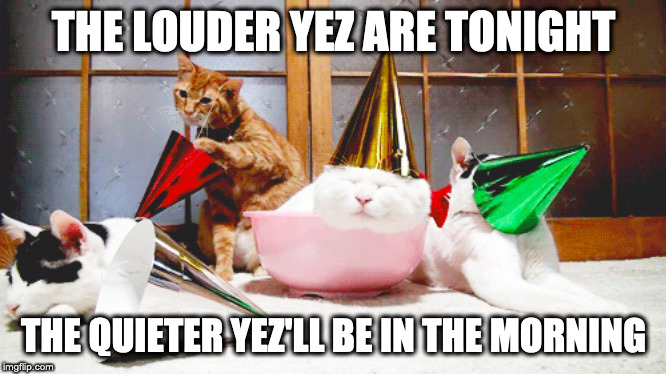 Cats on New Year's Eve | THE LOUDER YEZ ARE TONIGHT; THE QUIETER YEZ'LL BE IN THE MORNING | image tagged in new years eve,happy new year,drunk cats,nye cats | made w/ Imgflip meme maker