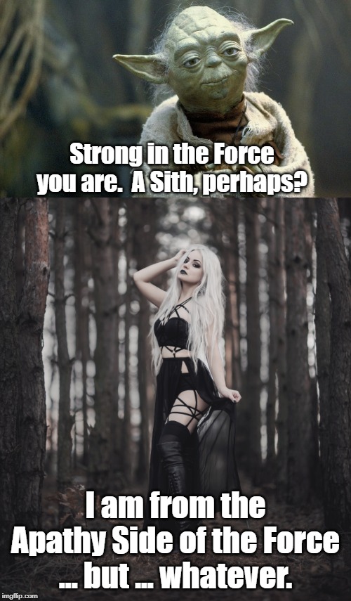 Few know the power of the Apathy Side | Strong in the Force you are.  A Sith, perhaps? I am from the Apathy Side of the Force ... but ... whatever. | image tagged in star wars yoda,apathy | made w/ Imgflip meme maker