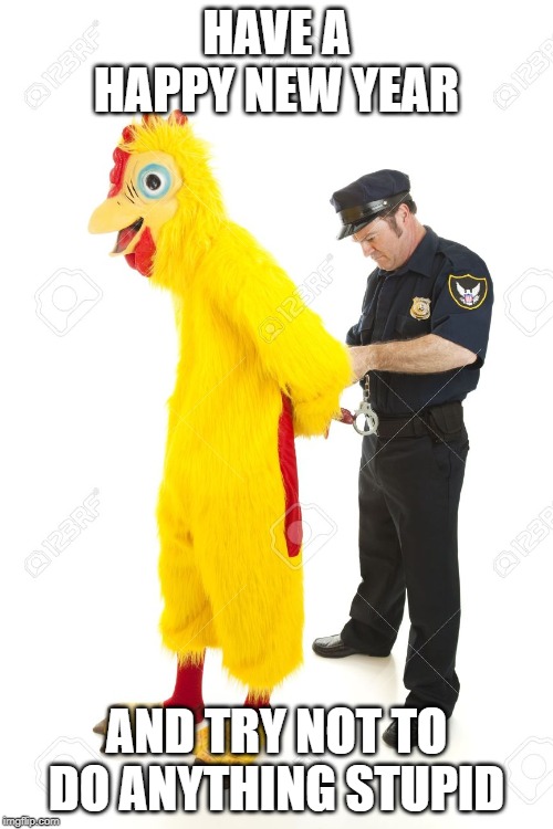 chicken arrest | HAVE A HAPPY NEW YEAR; AND TRY NOT TO DO ANYTHING STUPID | image tagged in chicken arrest | made w/ Imgflip meme maker