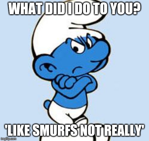 smurf | WHAT DID I DO TO YOU? 'LIKE SMURFS NOT REALLY' | image tagged in smurf | made w/ Imgflip meme maker